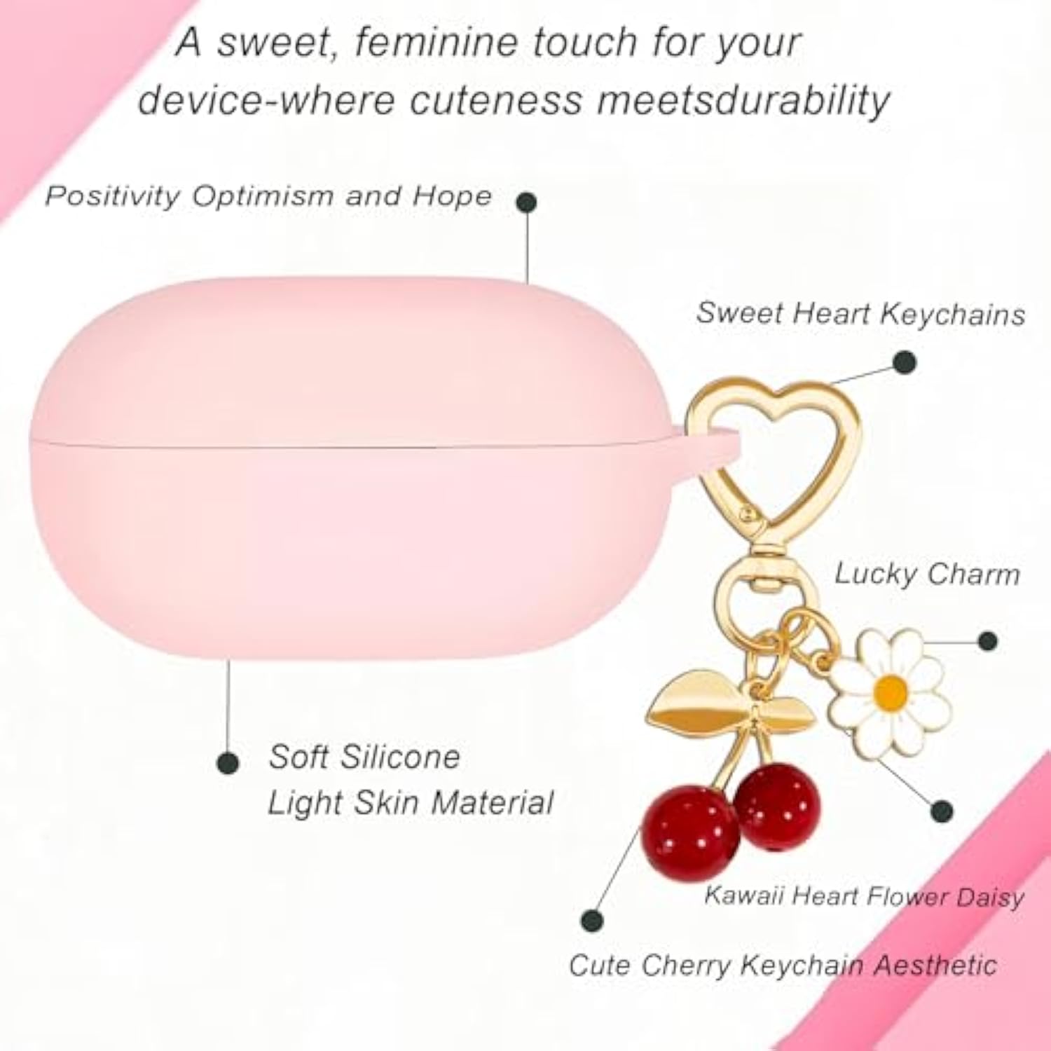 Protective Case For Beats Solo Buds Case Cover With Cute Cherry Charm Heart Keychain, Soft Silicone Daisy Key Chains Accessories For New Beats Solo Charging Case Earbuds For Women Men Pink