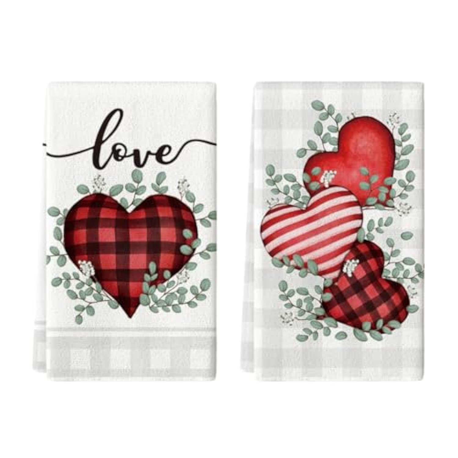 Red Buffalo Plaid Heart Love Valentine'S Kitchen Towels Dish Towels, 18X26 Inch Anniversary Wedding Decoration Hand Towels Set Of 2