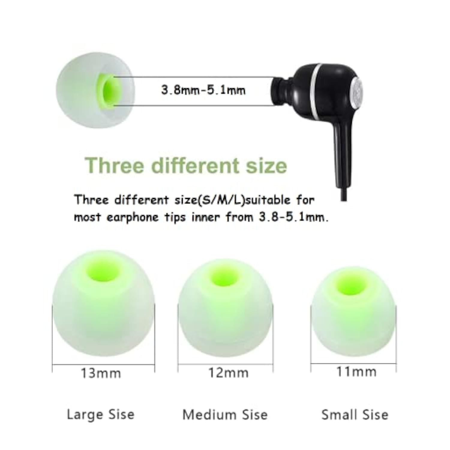 Earbuds Replacement Tips Silicone Earbud Tips Ear Gels Fit For Inner Hole From 3.8Mm - 5.1Mm Earphones 9 Pairs S/M/L Clear Green