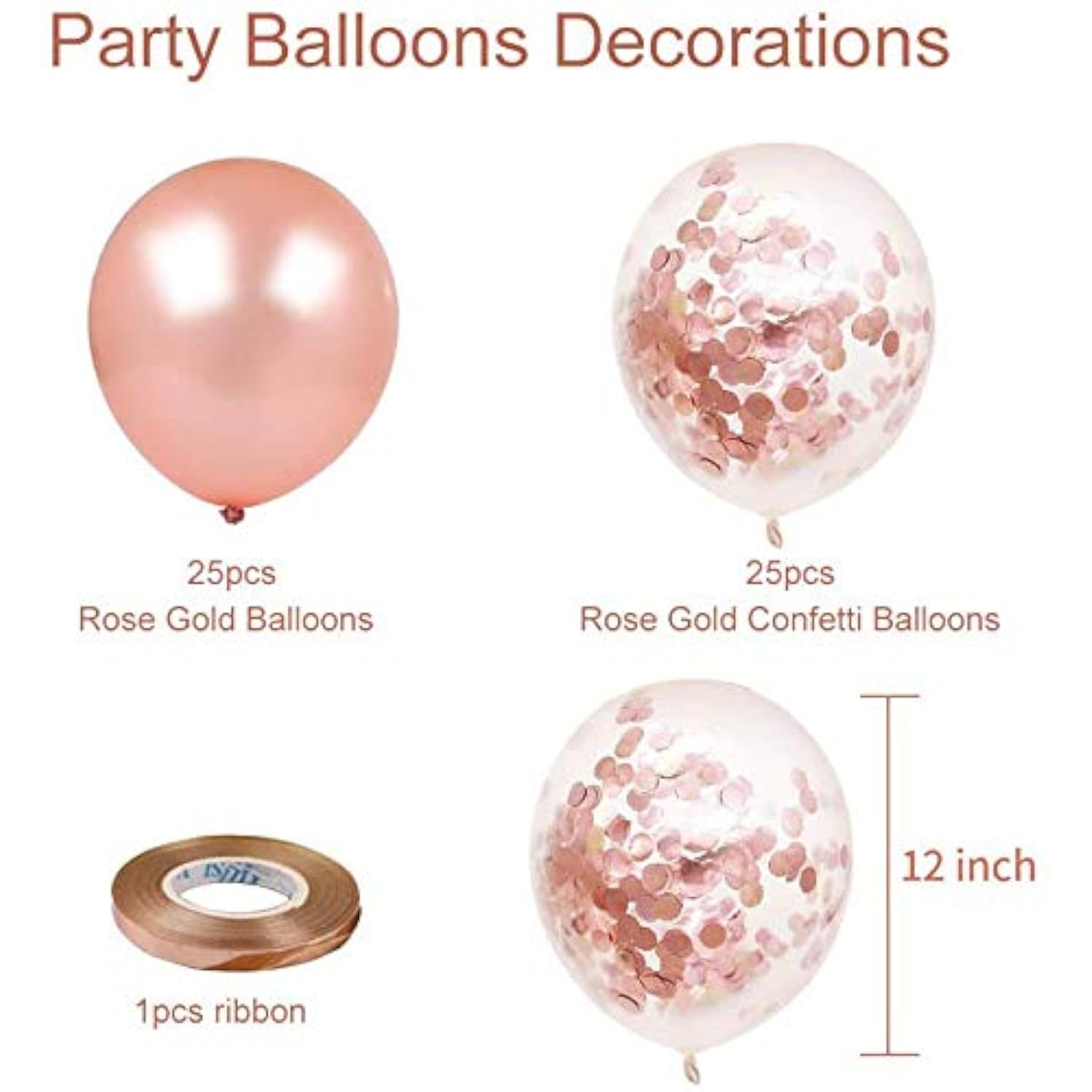 Rose Gold Confetti Balloons: 50-Pack Latex Balloons with Ribbon
