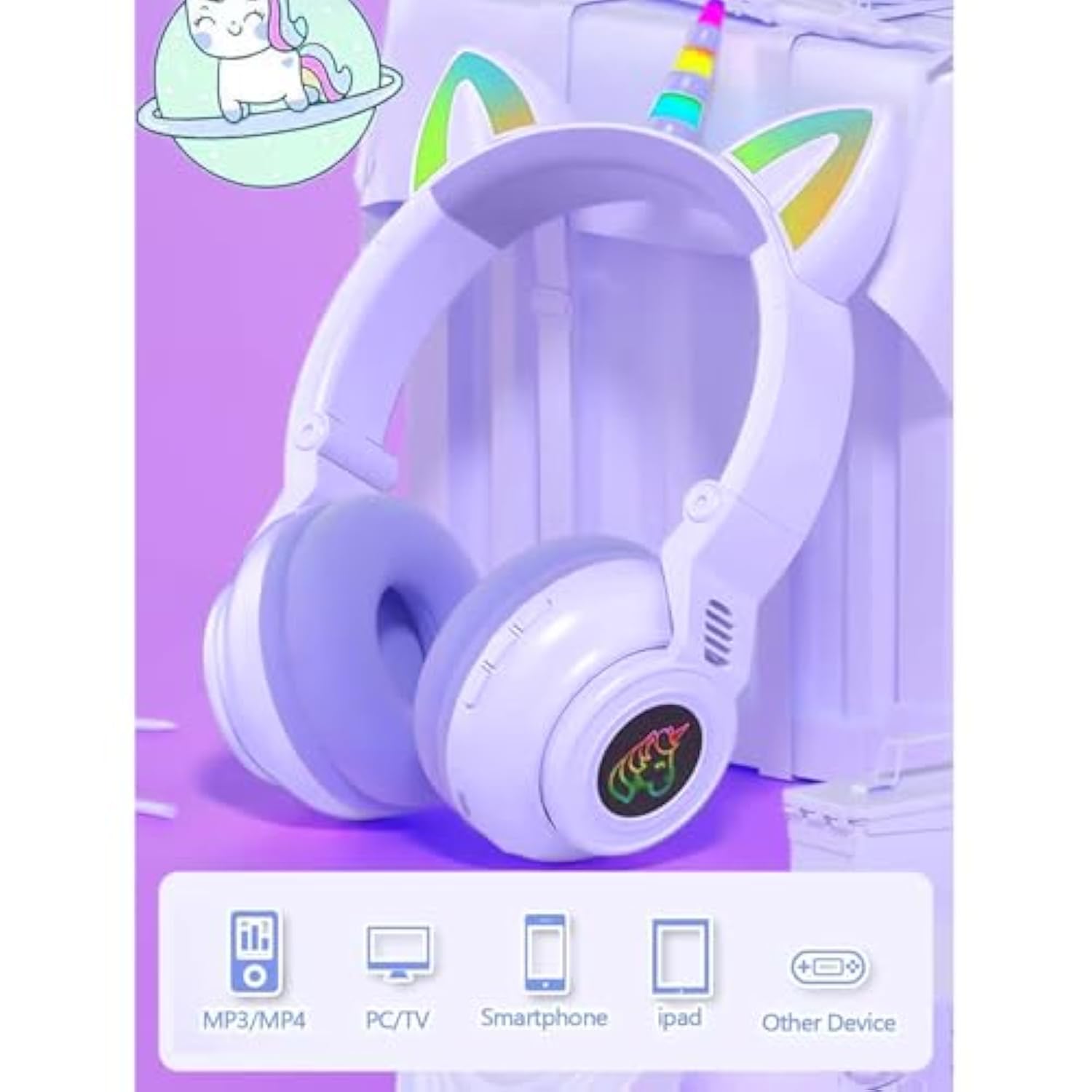 Unicorn Kids' Bluetooth Headphones,Foldable Wireless Headphones For Children With Cable And Microphone Earphones Volume Control,Unicorn-Inspired Gift Design For Birthday Gift & Christmas (Purple)