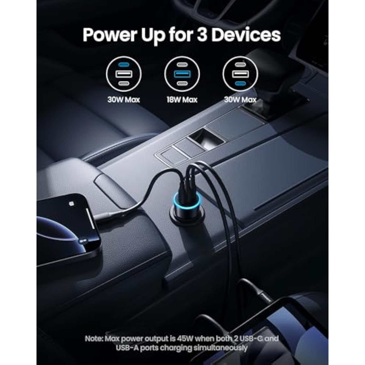 60W 3-Port Usb C Car Charger - Pd30W & Qc3.0 Fast Charging, Multi Device Compatible, Led Indicator, Durable Design, Safety Certified For Iphone 16/15/14/13/12 Series