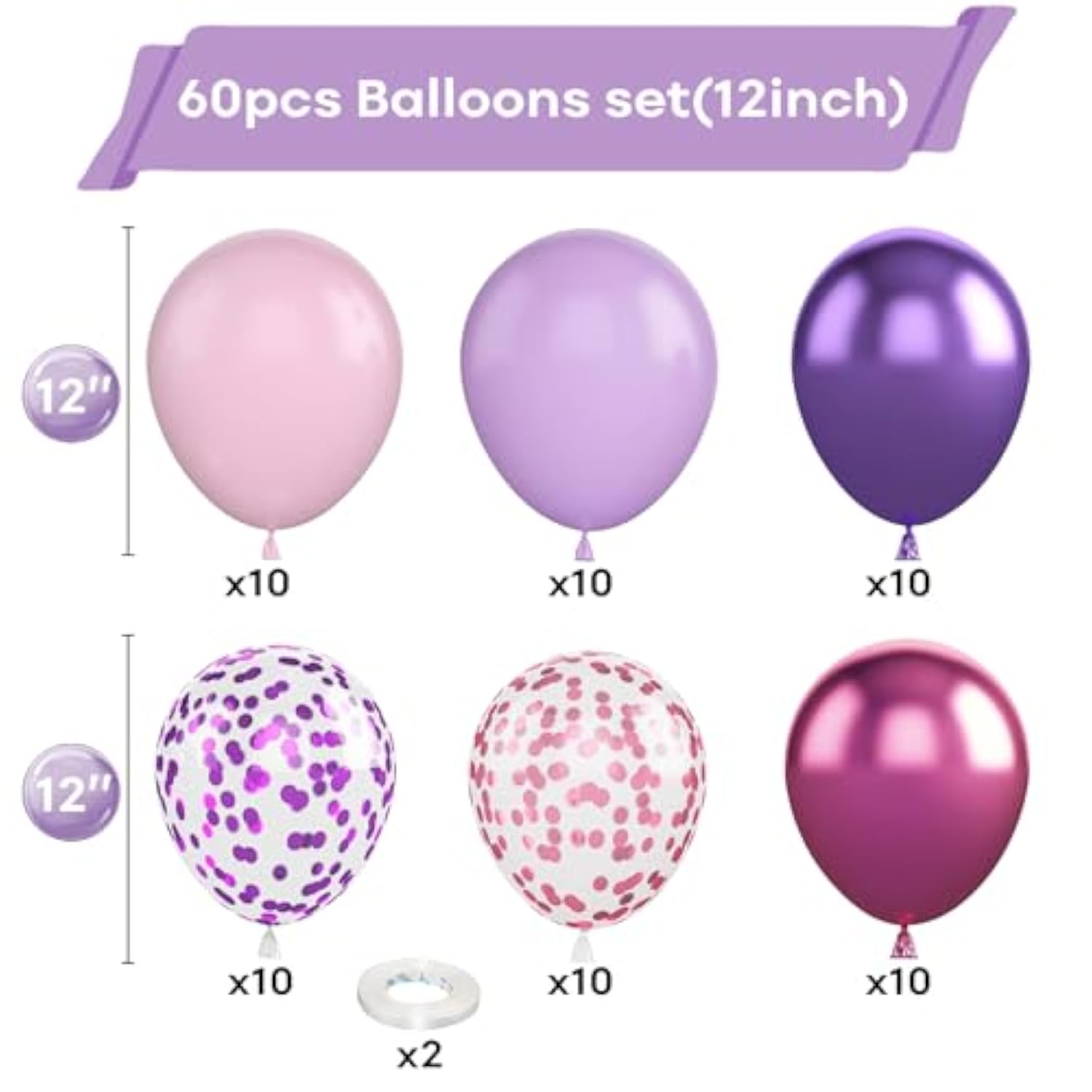 Purple Pink Balloons, 60 Packs 12 Inch Metallic Purple Pink Confetti Balloons, Lavender And Light Pink Latex Balloons With Ribbon For Girls Women Birthday Wedding Baby Shower Party Decoration