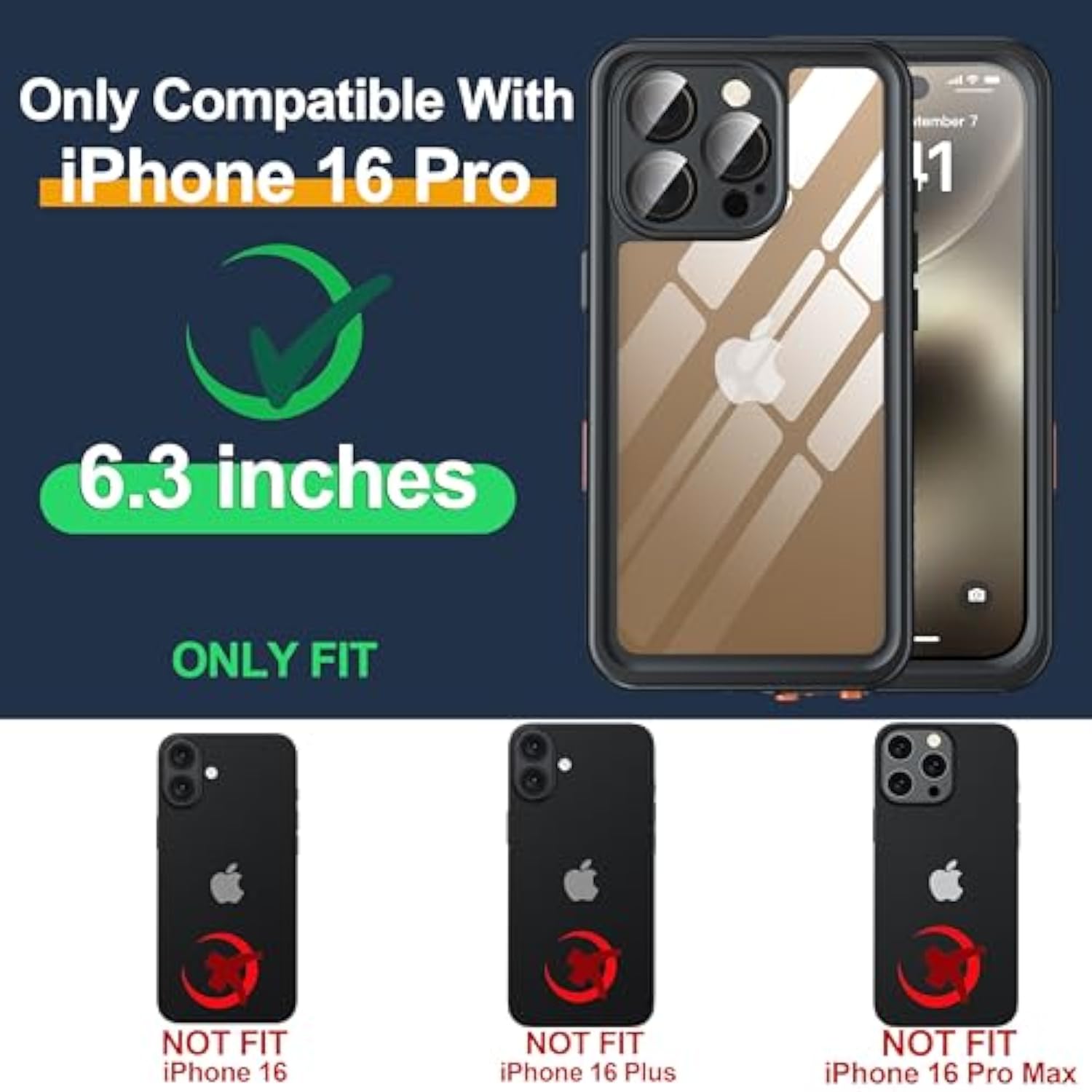 iPhone 16 Pro Waterproof Case, 12FT Drop Proof, Full Body Shockproof, IP68, 6.3"