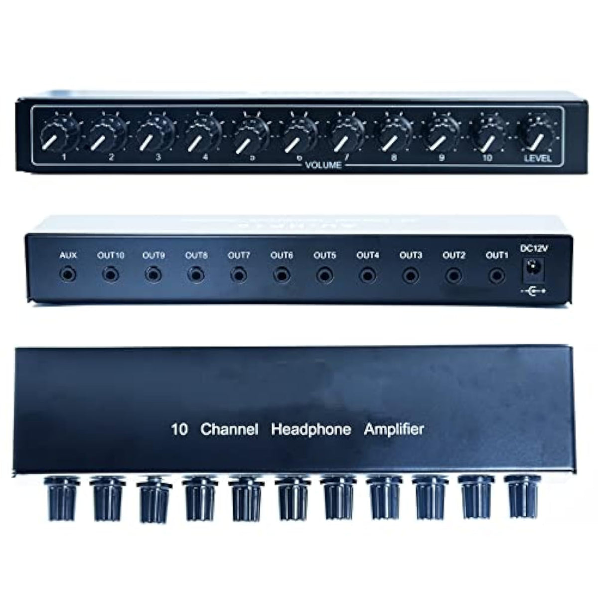 Aux Mini Jack Trs 3.5 Mm Input 1 In 10 Out Channel Headphone Amplifier Stereo Audio Amp With 12V 1A Power Adapter Distributor Headphone Splitter For Studio And Stage Black