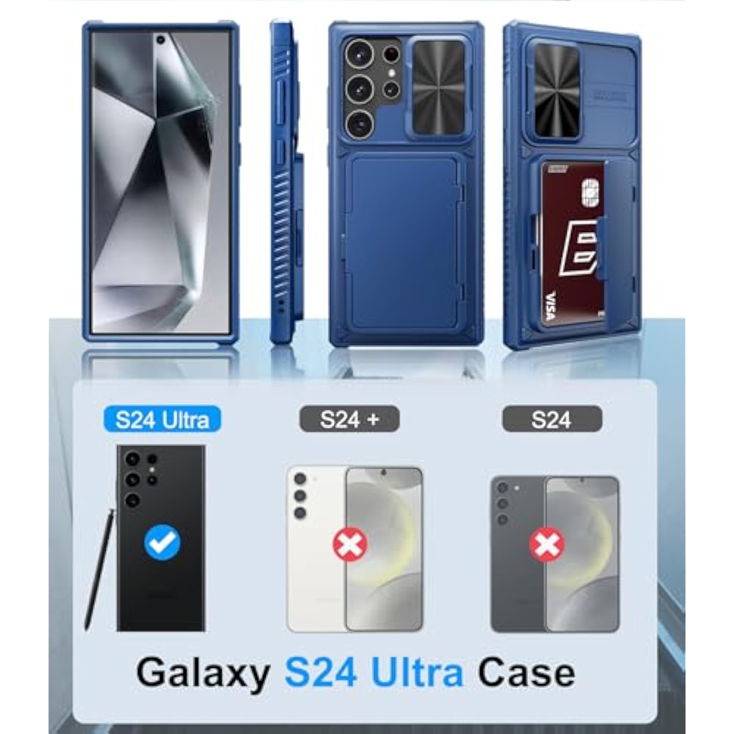 For Samsung Galaxy S24 Ultra Wallet Case, Built-In Card Holder (Store 4-5 Cards) & Kickstand & Slide Camera Cover, Military Grade Protection, Rugged Silicone Case For Galaxy S24 Ultra 2024, Blue