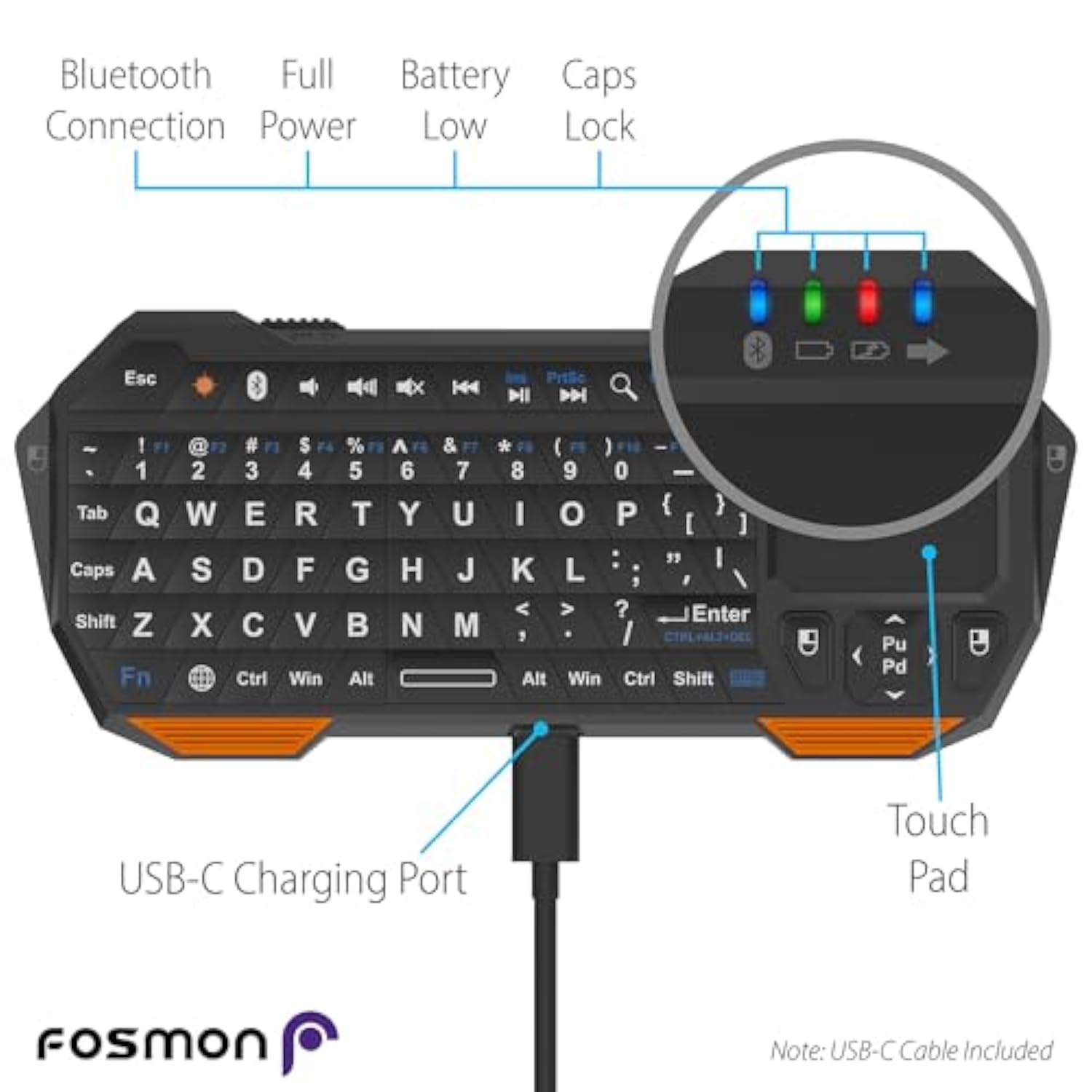Fosmon Mini Bluetooth Keyboard (QWERTY Keypad), Wireless Portable with Touchpad, Compatible with Apple TV, Amazon Fire Stick, PS4, PS4 Pro, PS5, HTPC/IPTV, VR Glasses, Smartphones