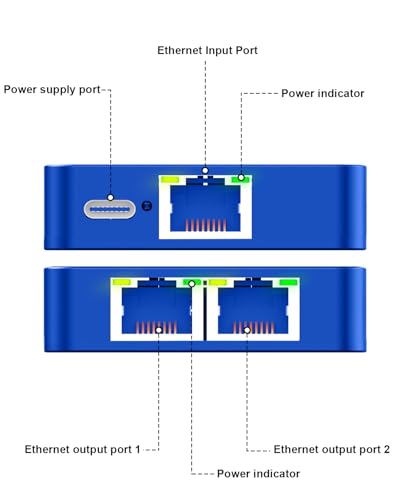 Ethernet Splitter 1 To 2 With Ethernet Cable, Gigabit Rj45 Internet Splitter Adapter 1000Mbps High Speed For Cat 5/5E/6/7/8 Cable, Blue