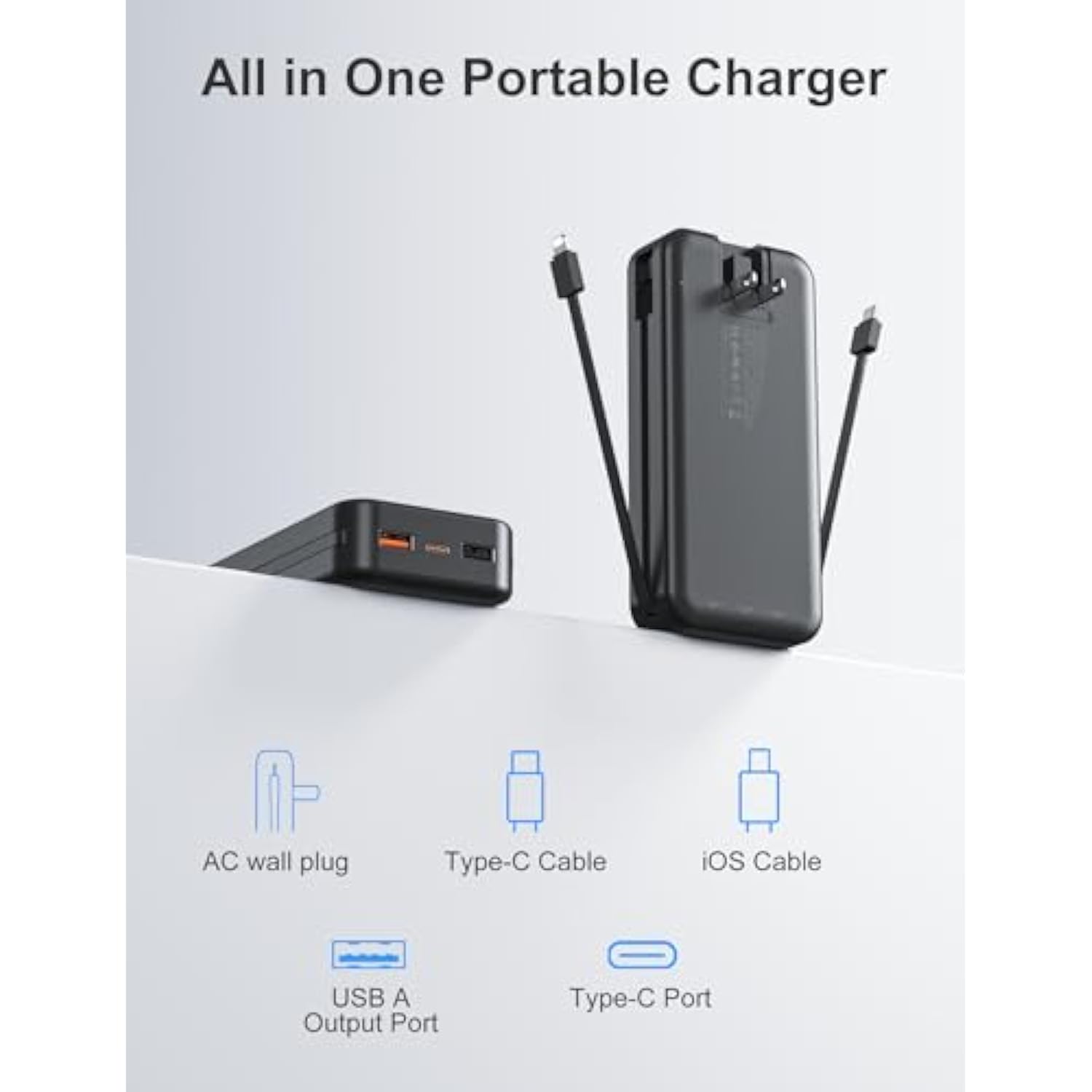 20000Mah Ultra-Portable-Charger-Power-Bank With Built In Cables&Ac Wall Plug,Pd20W Usb-C Fast Charging Cell Phone Charger Battery Pack,Led Display Travel Battery Bank For All Iphone,Samsung,Android