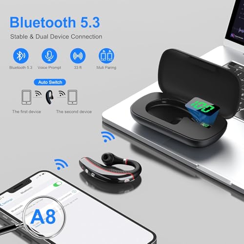 Bluetooth Headset, Wireless Bluetooth Earpiece With 500Mah Charging Case, 72-Hour Talk Time, And For Ios/Android Phones, V5.3 Hand-Free Headphones For Trucker, Office,Business