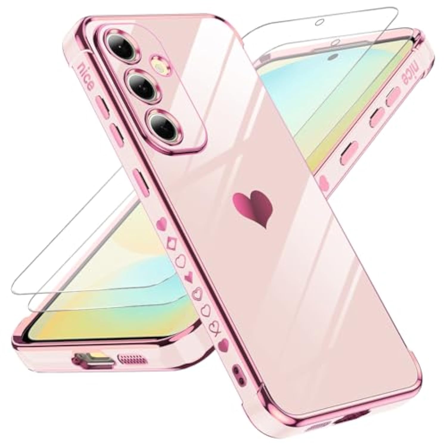 For Galaxy S24Fe Case: Tempered Glass Screen Protector 2 Pcs,Full Camera Lens Protection, Love Heart Plating Luxury Shockproof Phone Case Funda Para Samsung S24Fe 5G, Pink