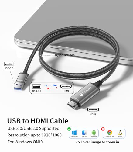 USB to HDMI Adapter Cable 6FT, 1080P@60Hz USB 3.0 to HDMI Multi-Display Cable Converter Suitable for Macos Windows 7/8/10/11 - Driver Installation is