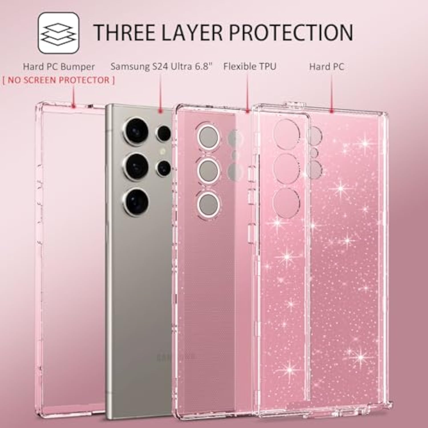 For Samsung Galaxy S24 Ultra Case, Glitter Sparkle 3 In 1 Heavy Duty Cover Hybrid Hard Pc Rugged Shockproof Transparent Protective Bling Phone Case For Samsung S24 Ultra 6.8", Pink/Glitter