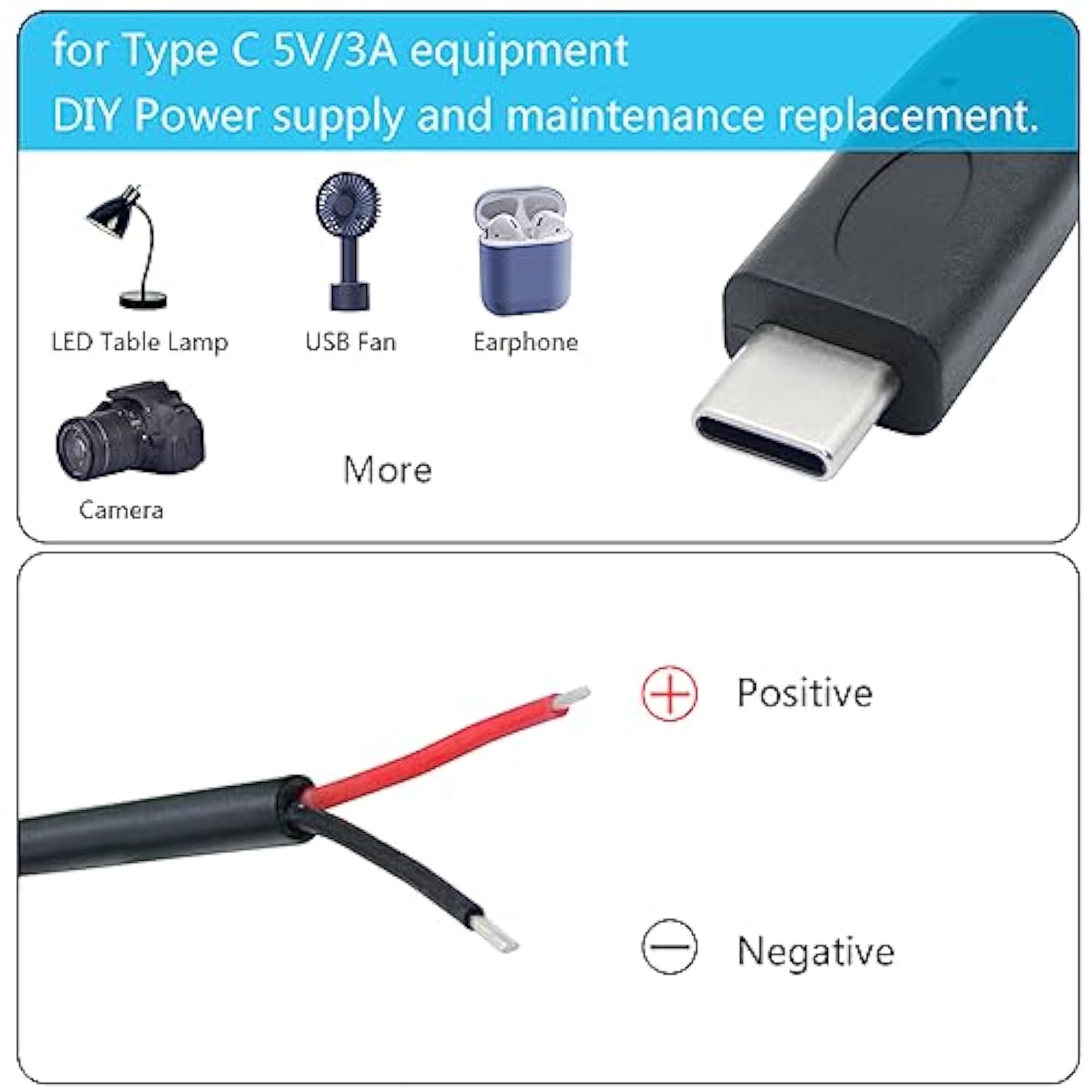 Short Usb C To 2 Pin Bare Wire Open End Cable,9Inch 25Cm 5V/3A Usb Type C Male