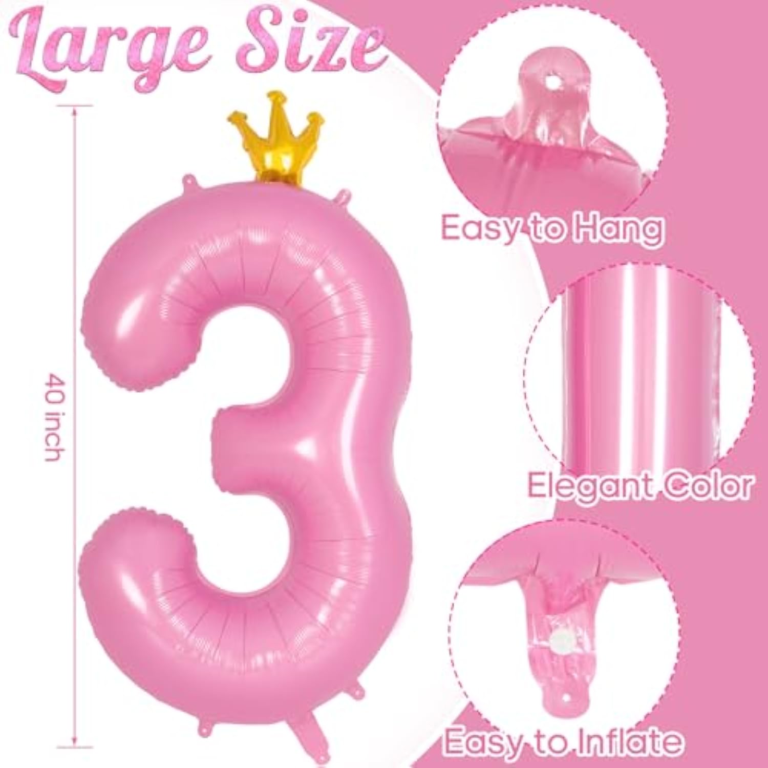 40in Pink Crown Number 3 Foil Balloon Jumbo Birthday Party Decorations