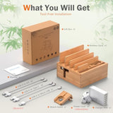 Bamboo Charging Station For Multiple Devices Include 5 Port Usb Charger, 5 Cables, Desktop Organizer For Phones, Tablet, Wooden Docking Stations