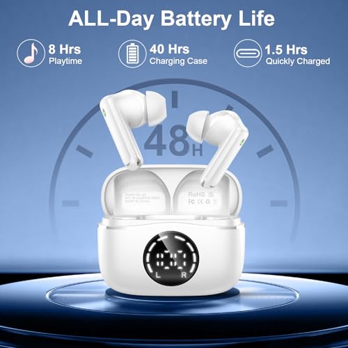 Bluetooth 5.4 Headphones, 3D-Stereo Wireless Earbuds Deep Bass in Ear Buds, 4 ENC Noise Cancelling Mic, 48Hrs USB-C Earphones, IP-X7 Waterproof