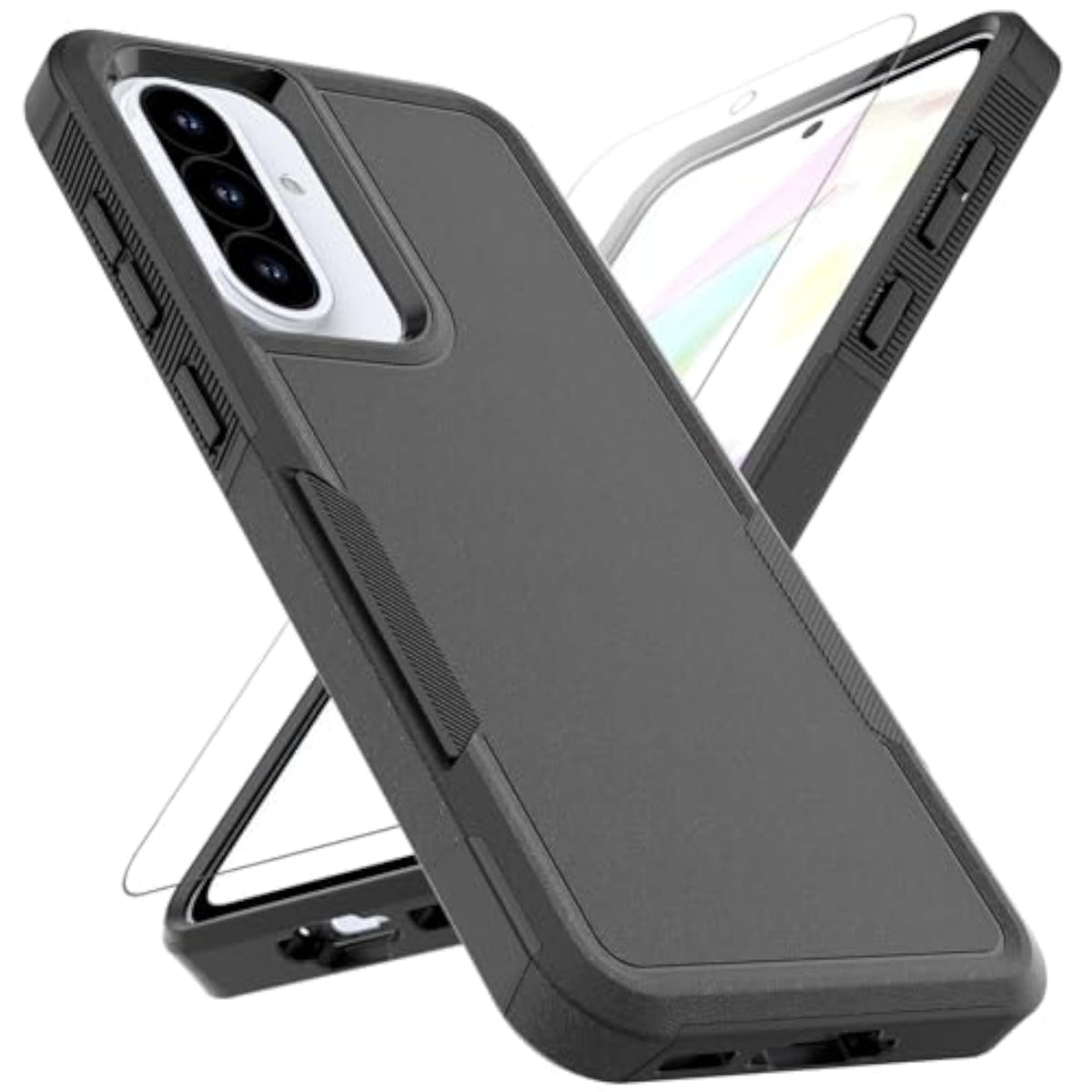 Samsung Galaxy A37 / Galaxy A36 5G / Galaxy A57 5G Dual Layer Protective Case with Screen Protector - Military Grade Heavy Duty Rugged Phone Cover with Shock Absorption and Anti-Drop Protection - Black