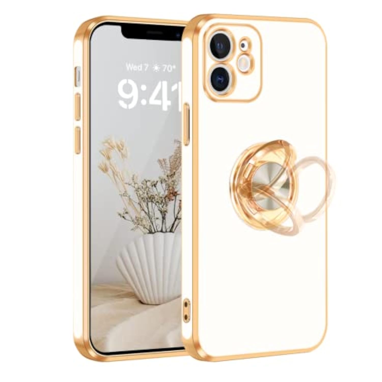 For 12 Case With 360° Rotatable Ring Holder Magnetic Kickstand, Shiny Plating Gold Edge, Slim Soft Tpu Shockproof Protective Cover For Women, Men, White