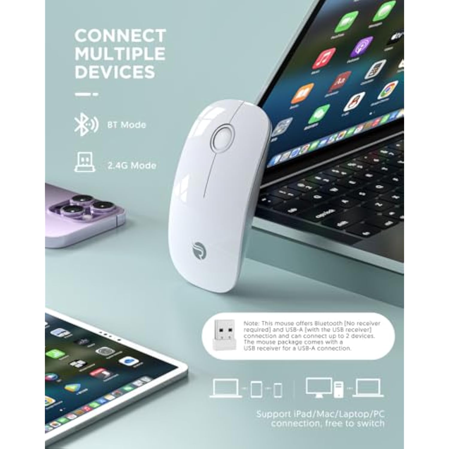 Bluetooth Wireless Mouse - (Bt5.1+Usb) Slim Dual Mode Computer Mice With Quiet
