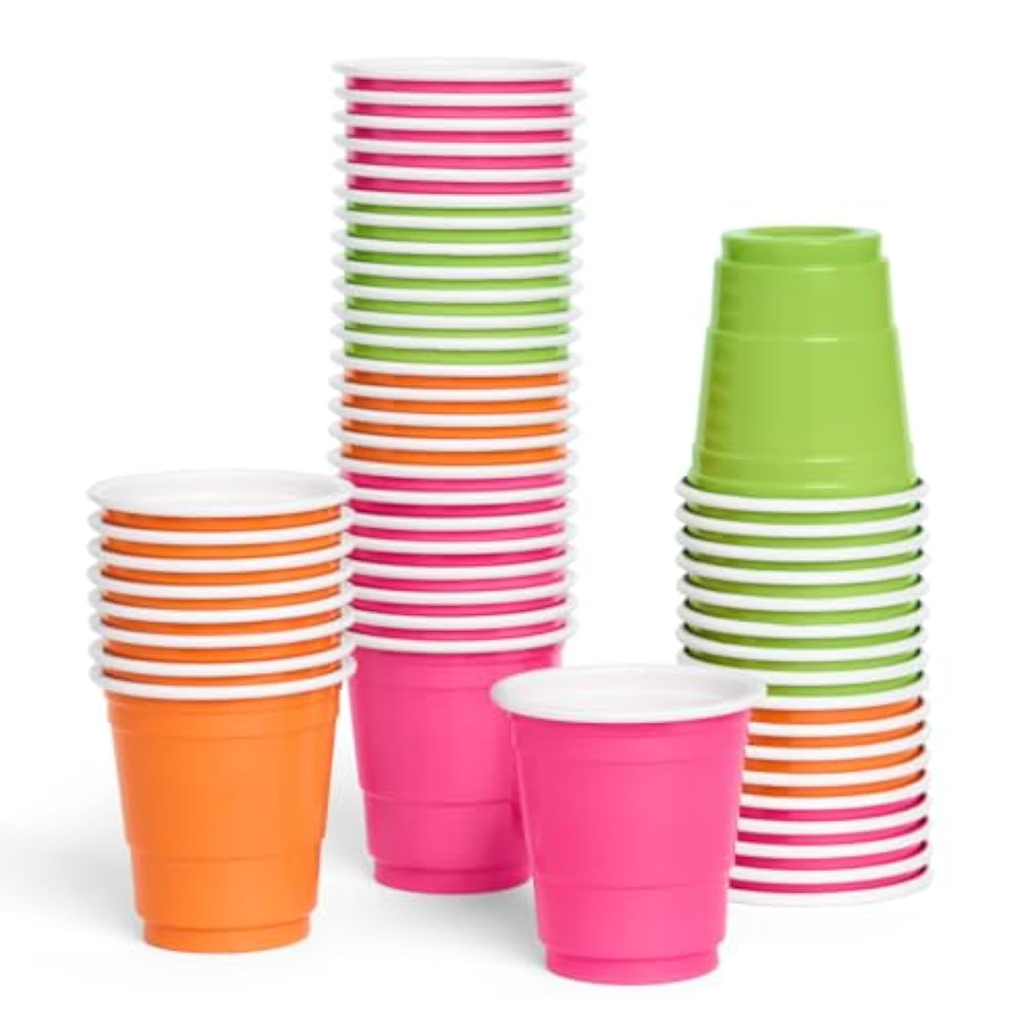 Pink, Orange + Green Plastic Shot Glasses - 50 Disposable 2 Oz Cups | Final Fiesta Bachelorette Decorations, Rave Birthday Party Favors, Cinco De Mayo Neon Drinkware, Groovy Baby Shower