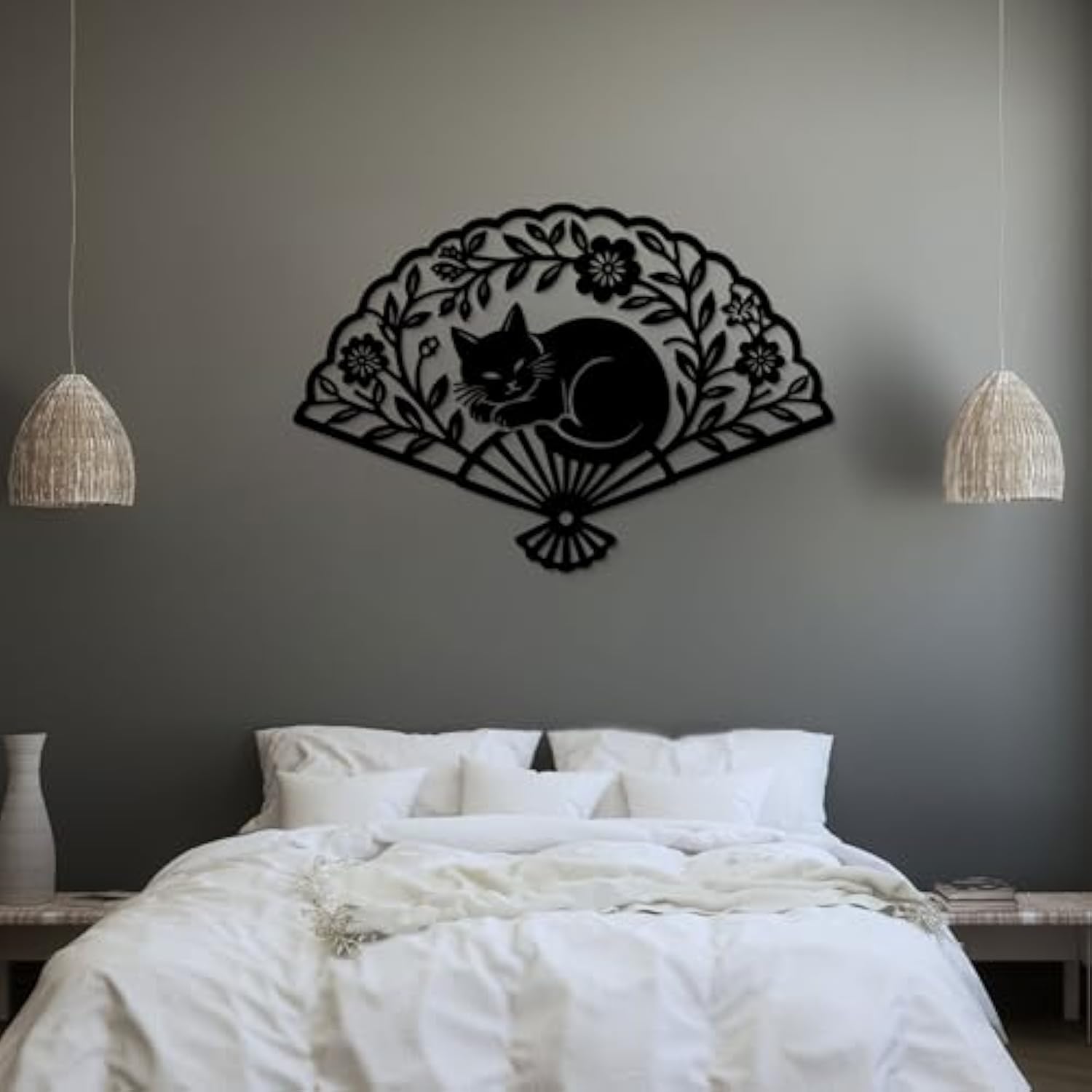 Bedroom Wall Art - Large Black Metal Fan Sleeping Cat Wall Decor Wall Sculpture Artwork For Cats Lover Minimalist Room Living Room Bathroom Office