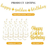12Pcs Golden Birthday Decor with Banner, 10 Swirls and Glitter Cake Topper
