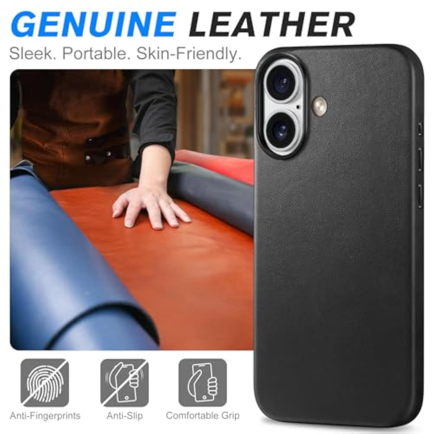 SHIELDON Leather Case for iPhone 16 6.1", Compatible with MagSafe, Genuine Leather/Magnetic Wireless Charging/Anti-Scratch/Non-Slip/Shockproof/Metal Buttons/Camera Bump Frame/Slim Cover - Black