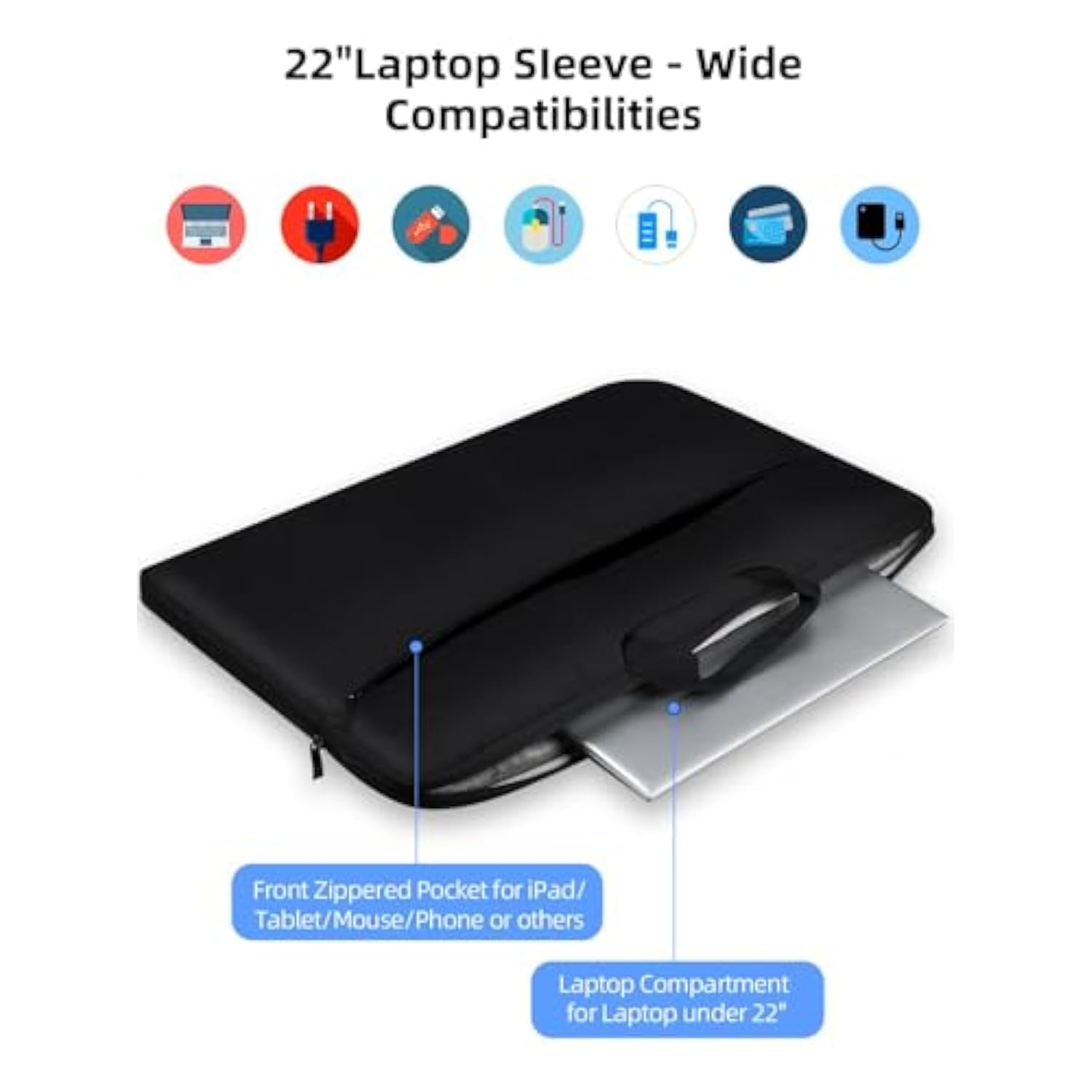 Laptop Sleeve 24-Inch For Laptop/Portable Monitor/Notebook/Tablet With Large Capacity Side Pockets & Durable Handle-Waterproof/Shockproof-Padded Compartments-Zippered Accessory Storage