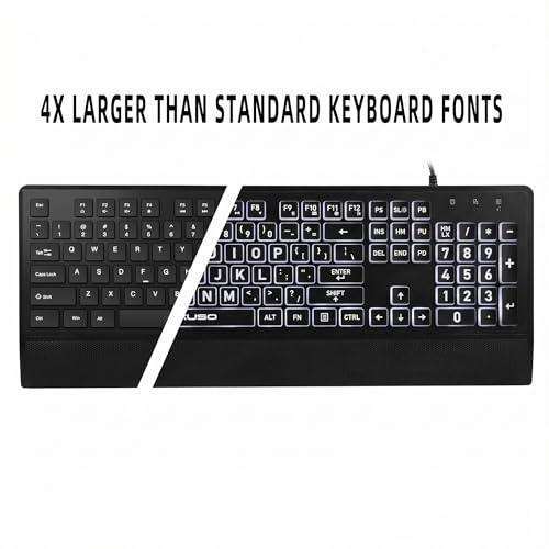 Large Print Backlit Keyboard - High Visibility Big Letter Keyboard For Seniors And Visually Impaired, Wired Usb With Light Up And Comfortable Wrist Rest, Full Size Keyboard For Pc,Laptop(No Glare)