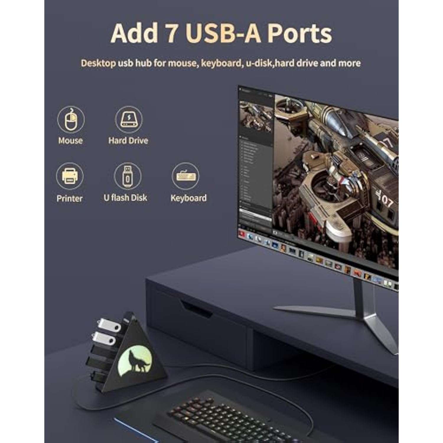 7 Port Usb Hub, Usb 3.0 Hub With 2 Ft Long Cable, Vertical Usb Exrension Hub F