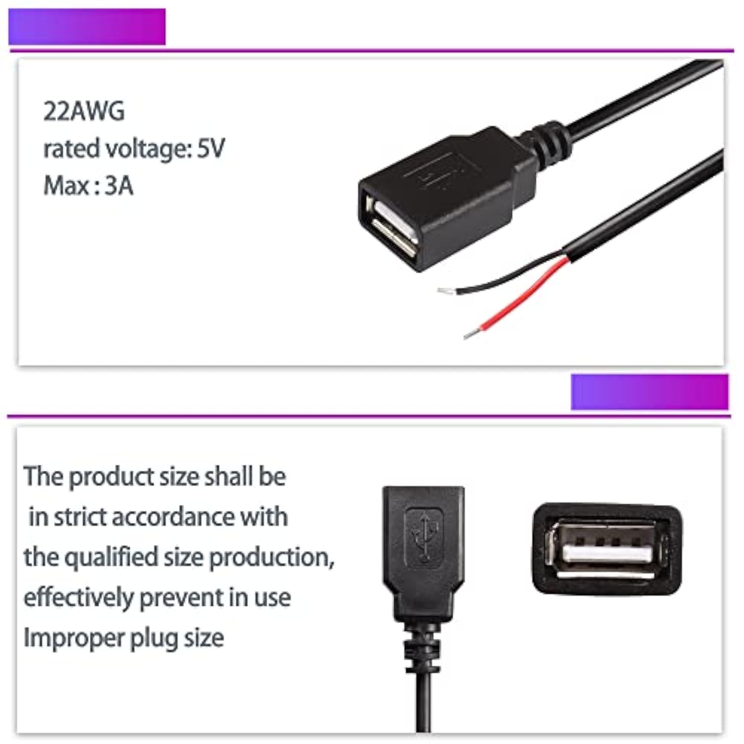 Usb 2.0 Female Pigtail Cable Extension Power Cable 22Awg 5V 3A Usb A Socket To