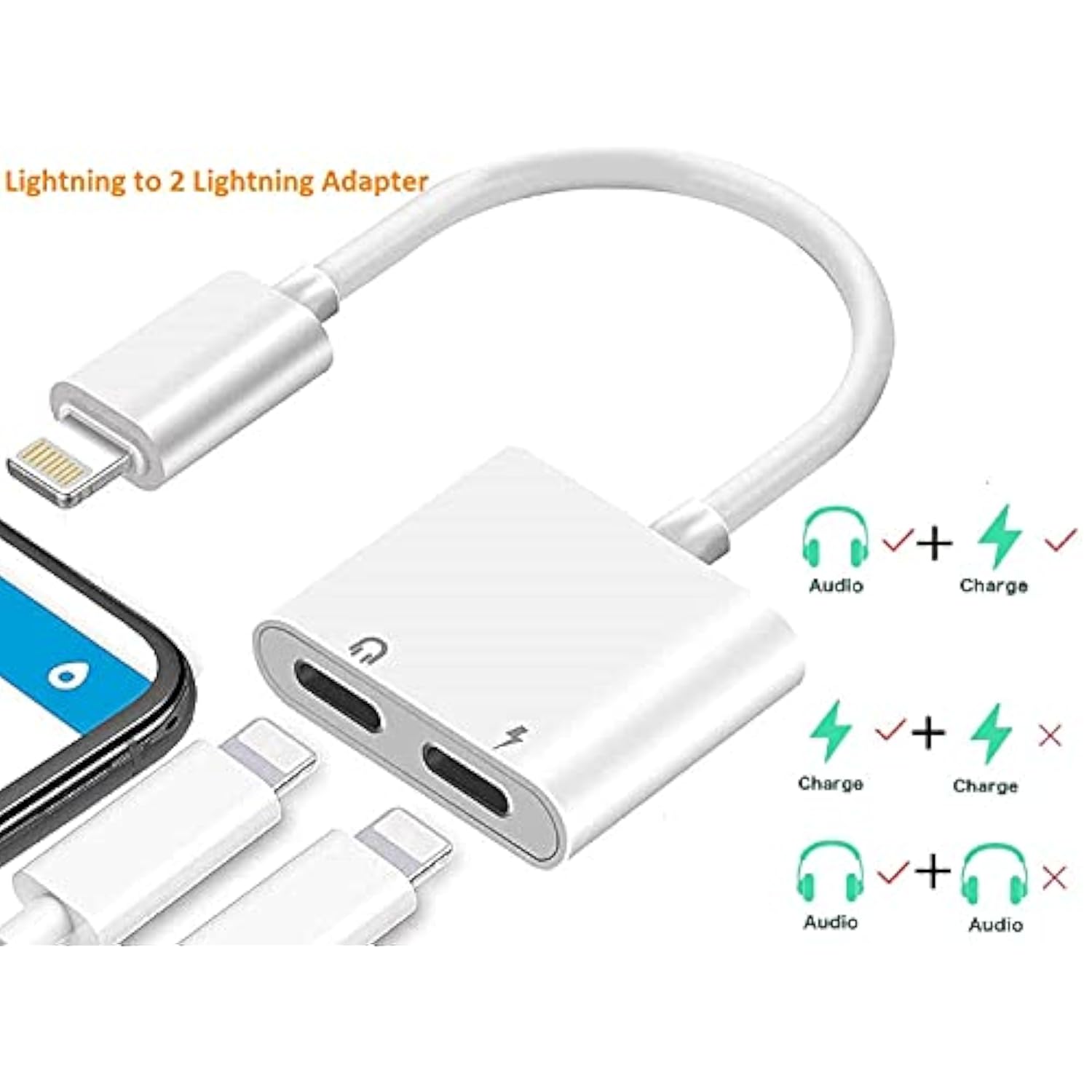 [Apple Mfi Certified] 2Pack Iphone Lightning To 2 Lightning Adapter, Dual Lightning Aux + Charger Adapter Dongle Cable Splitter Compatible For Iphone 12/11/Se/X/Xr/Xs/8/7/6 Support Call + Charging