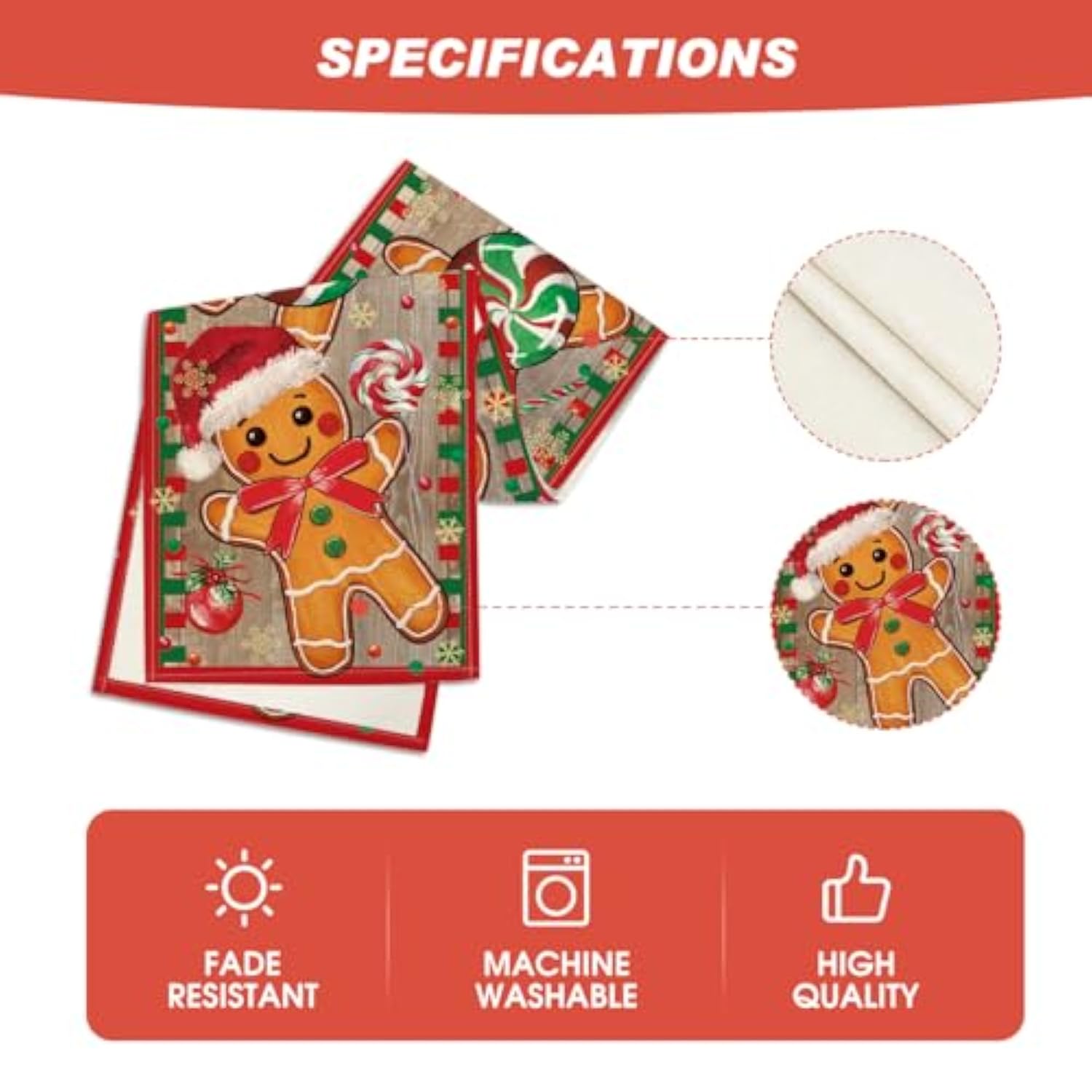 Wood Gingerbread Candy Cane Christmas Table Runner, Seasonal Winter Kitchen Dining Table Decoration For Home Party Decor 13X90 Inch