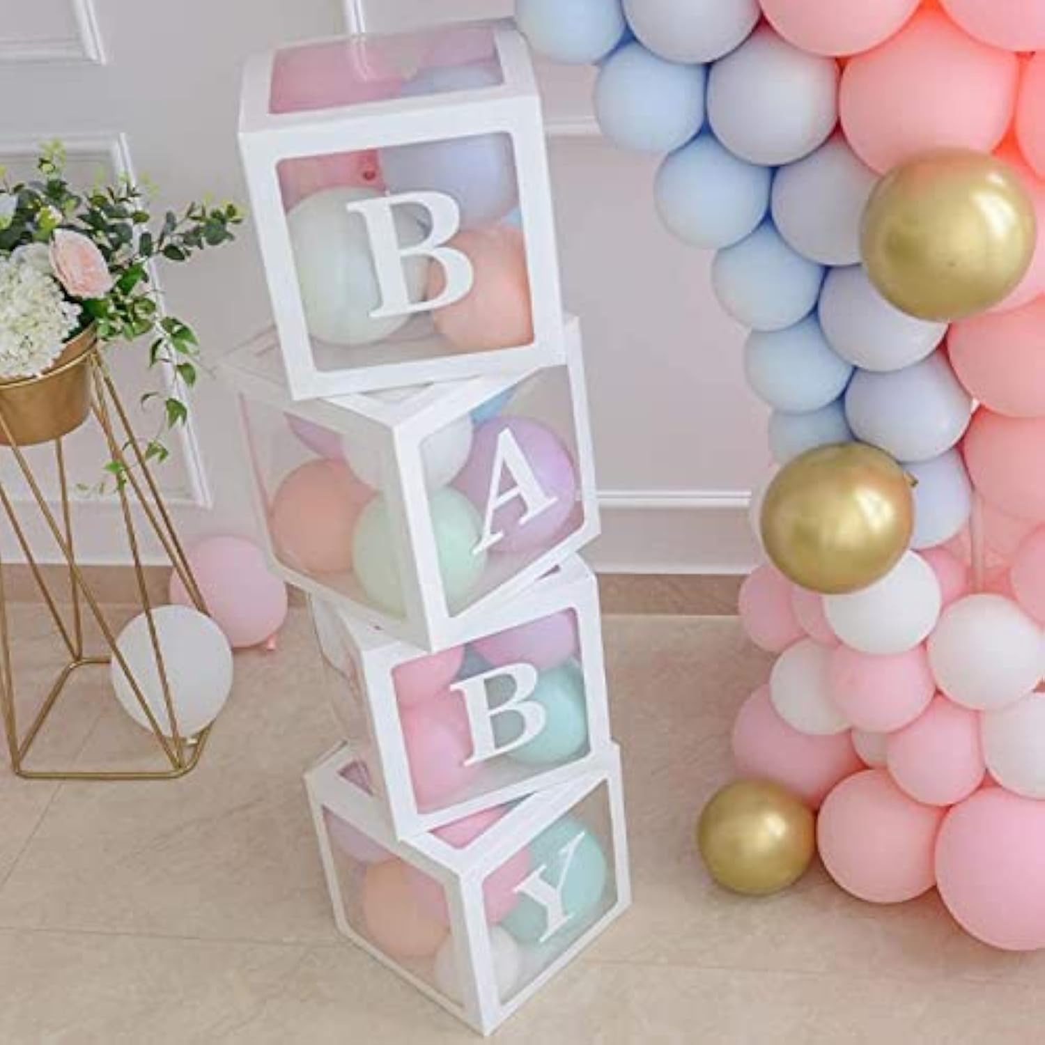 Baby Shower Boxes Party Decorations – 4 Pcs Transparent Balloons Boxes Décor With Letters Baby Blocks Design For Baby Shower Gender Reveal Backdrop
