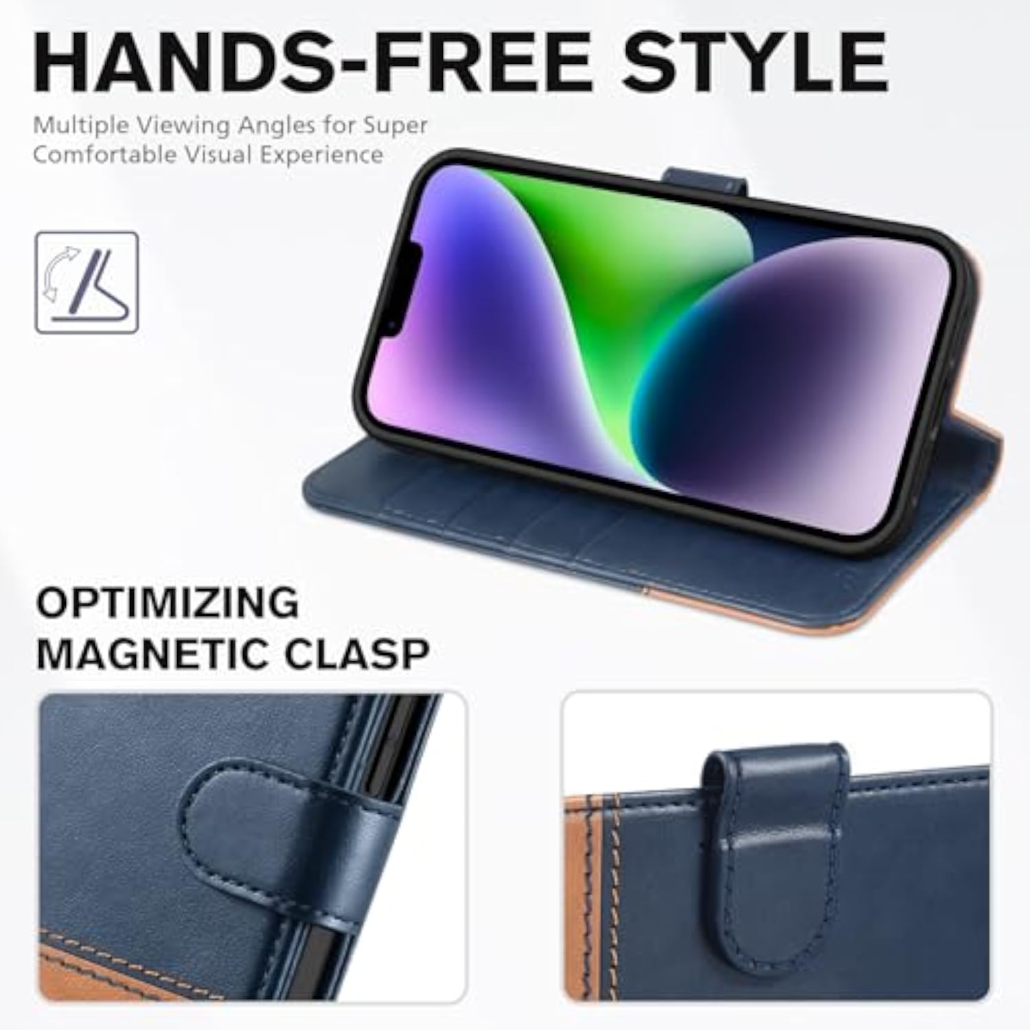 TUCCH Case Wallet for iPhone 14 6.1" RFID Blocking Folio Blue Brown