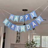 Happy Birthday Banner With Shiny Gold Letters, Swallowtail Design Hanging Signs Party Decorations (Tri-Color Blue)