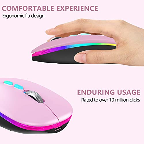 Led Wireless Mouse, Slim Rechargeable Wireless Bluetooth Mouse, 2.4G Portable Usb Optical Computer Mice With Usb Receiver And Type C Adapter (Pink)