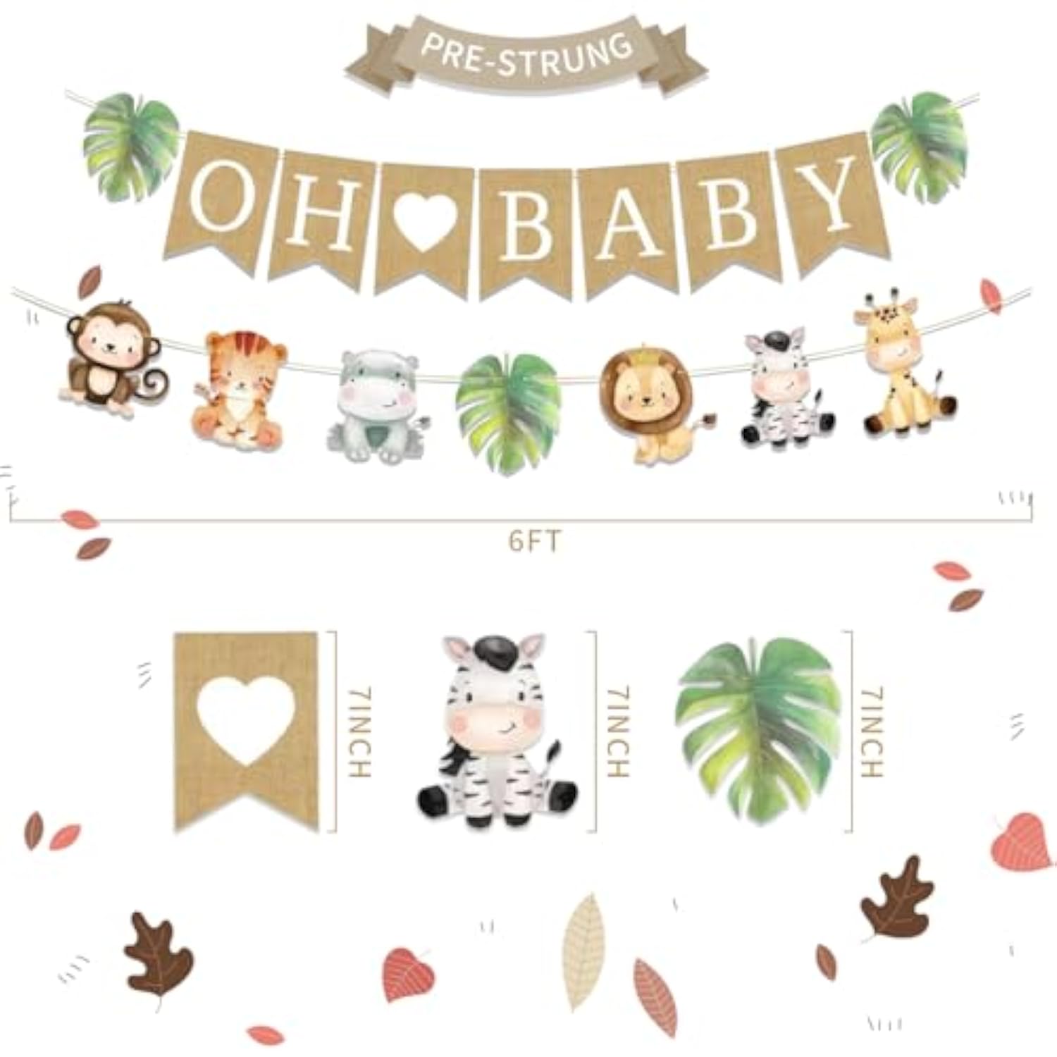 Pre-Strung 6Ft Burlap "Oh Baby" Banner Safari Jungle Theme for Baby Shower