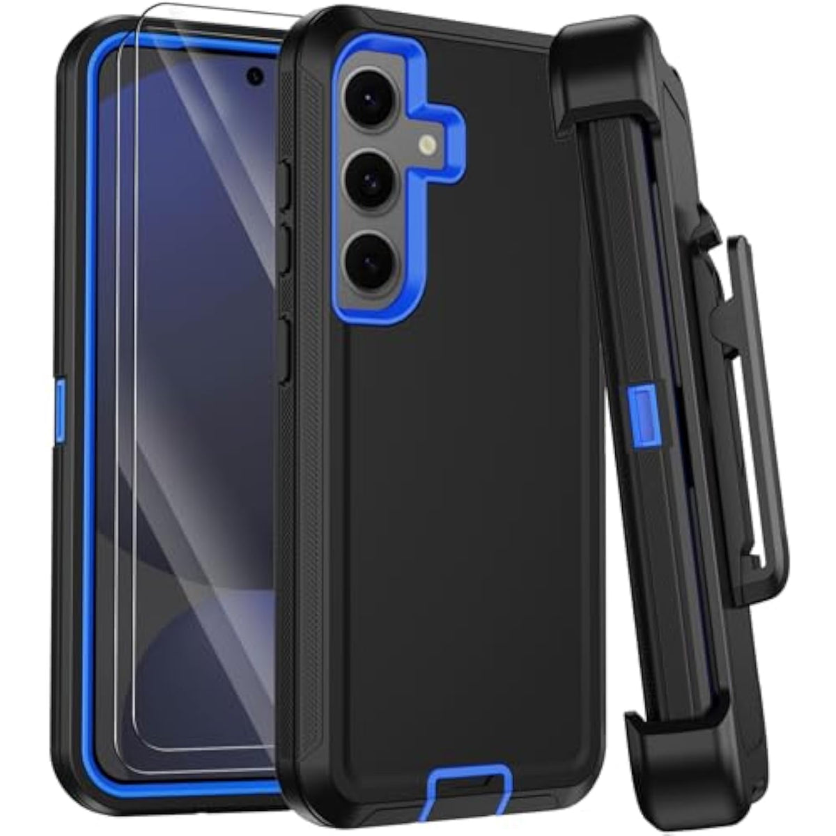 For Samsung Galaxy S24 Fe Case With Belt Clip Holster,Heavy Duty Rugged 3-Layer Military Grade Drop Protection Phone Case,[2 Screen Protector & Kickstand] Shockproof Protective Cover (Black/Blue)