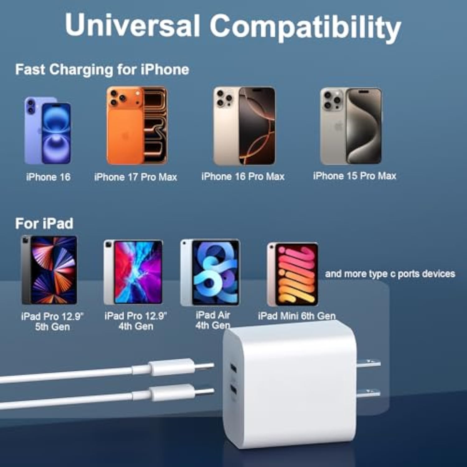 Iphone 16 15 Charger Fast Charging, 20W Dual Port Usb C Charger Block With 10Ft Long Usb C Charging Cable Cord For Iphone 16 Pro Max/16 Pro/16/16 Plus, 15 Pro Max/15 Pro/15,Ipad Pro/Air, Android Phone