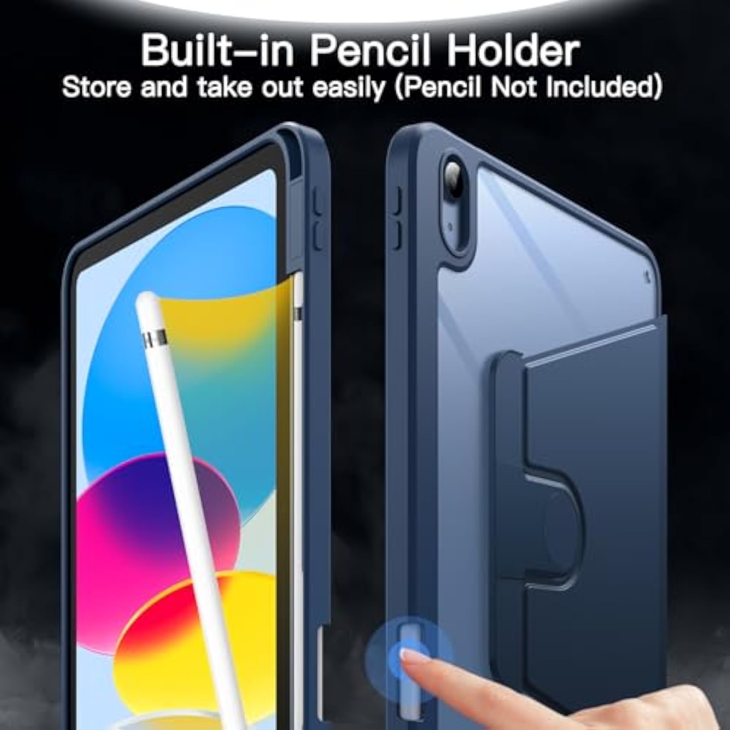 Jetech Rotating Case For (A16) 11Th/10Th Generation (2025/2022) With Pencil Holder, 360 Degree Rotation Protective Stand Cover Clear Back, Auto Wake/Sleep (Navy)