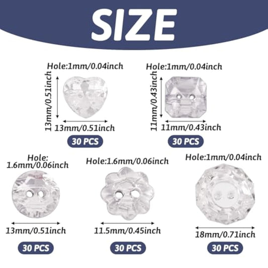 Pandahall 150Pcs Mixed 2-Hole Acrylic Rhinestone Buttons 5 Styles Face
