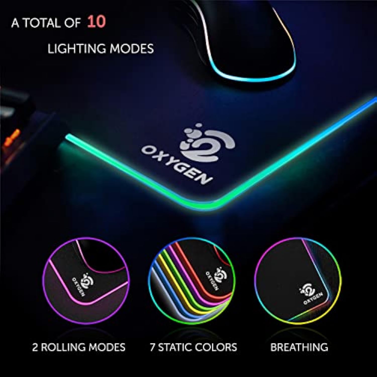 Rgb Gaming Mouse Pad By Oxygen, Ultra Bright Led Light&Soft Large Extended Mousepad With 14 Lighting Modes, Water Resistance, Non-Slip Rubber Base Keyboard Mat, 31.5 X12 Inch X 4Mm, Black