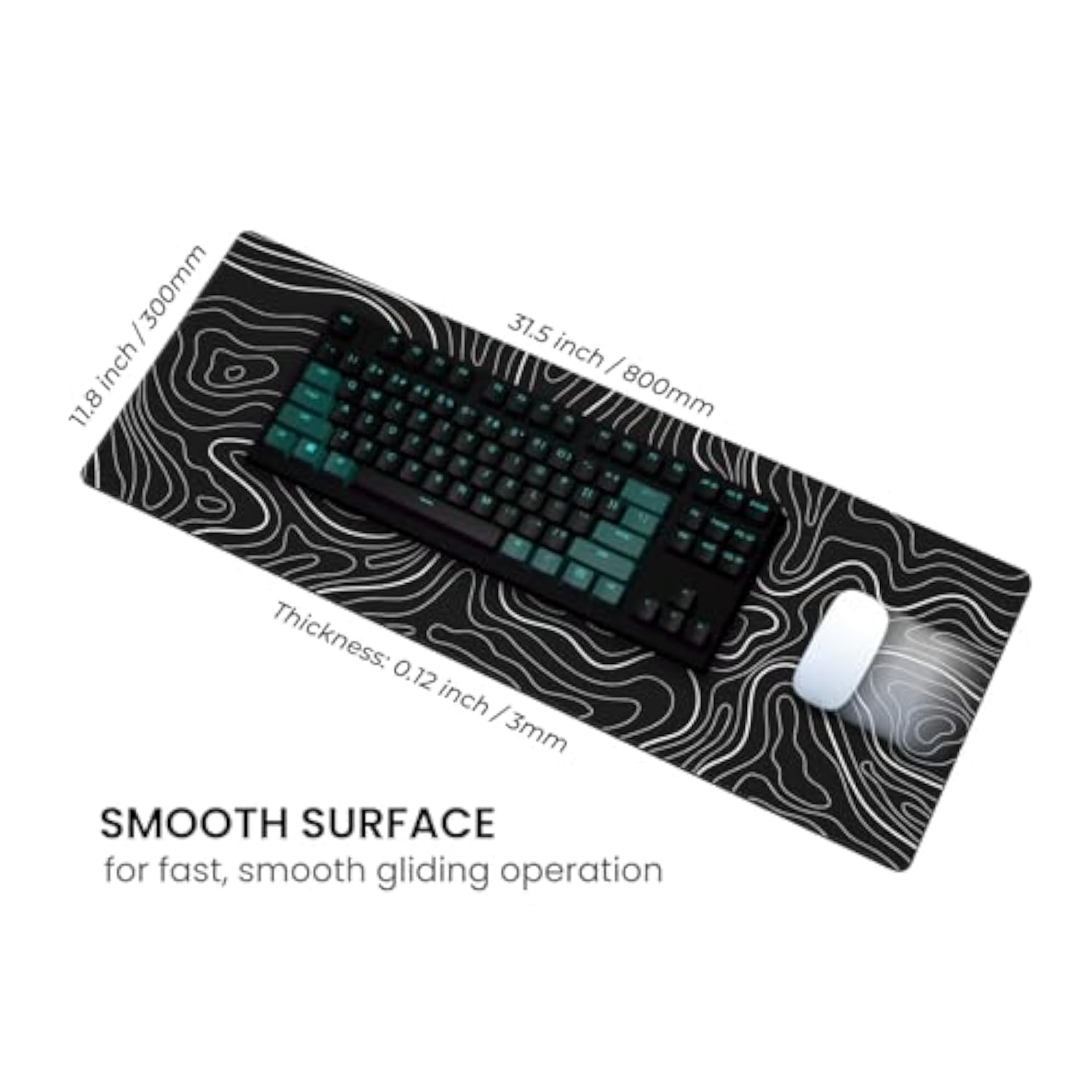 Large Gaming Mouse Pad, Full Keyboard Mat, Long Laptop Mousepad, Computer Mouse Mat For Home And Office, Anti-Slip Rubber Base, 31.5 X 11.8 Inches (Black Topographic Map)
