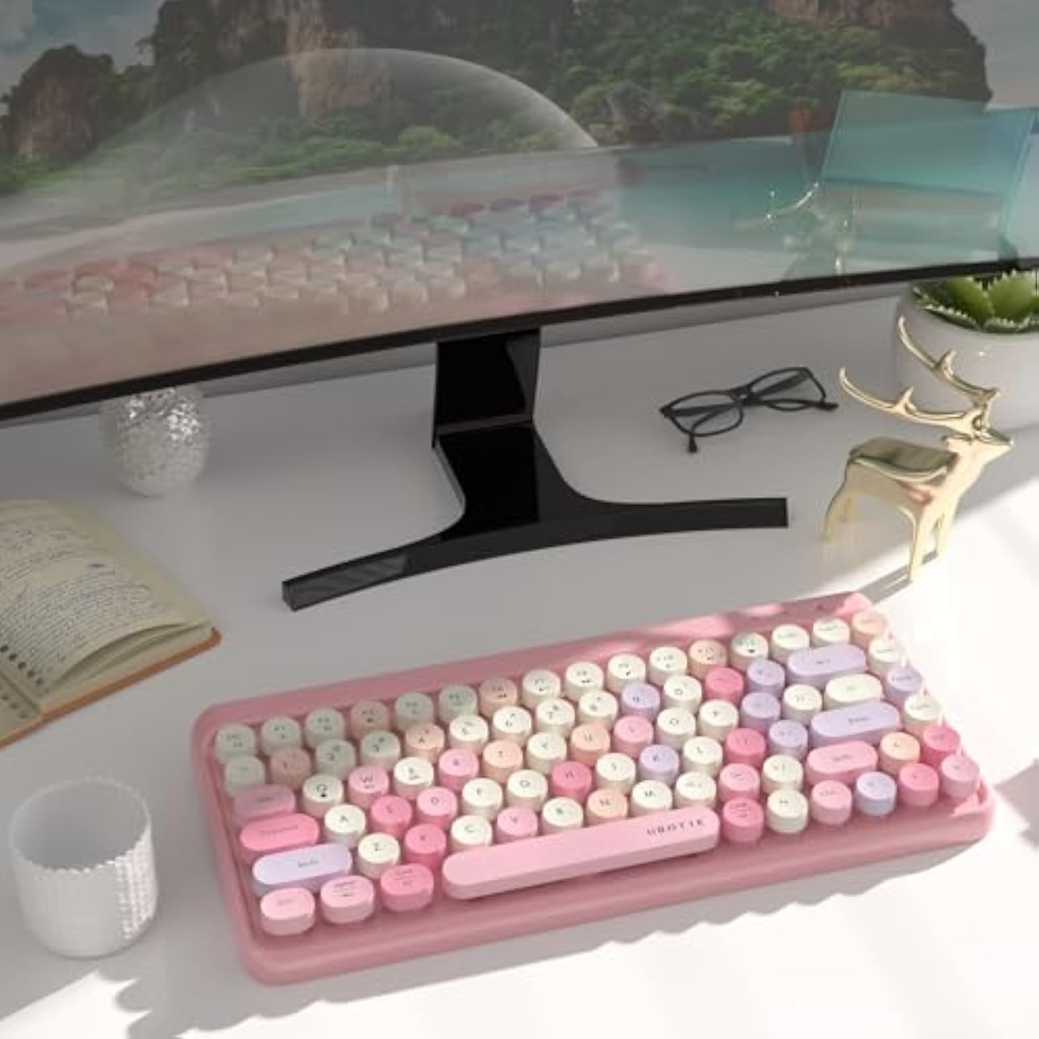 Portable Bluetooth Colorful Computer Keyboards, Wireless Mini Compact Retro Ty