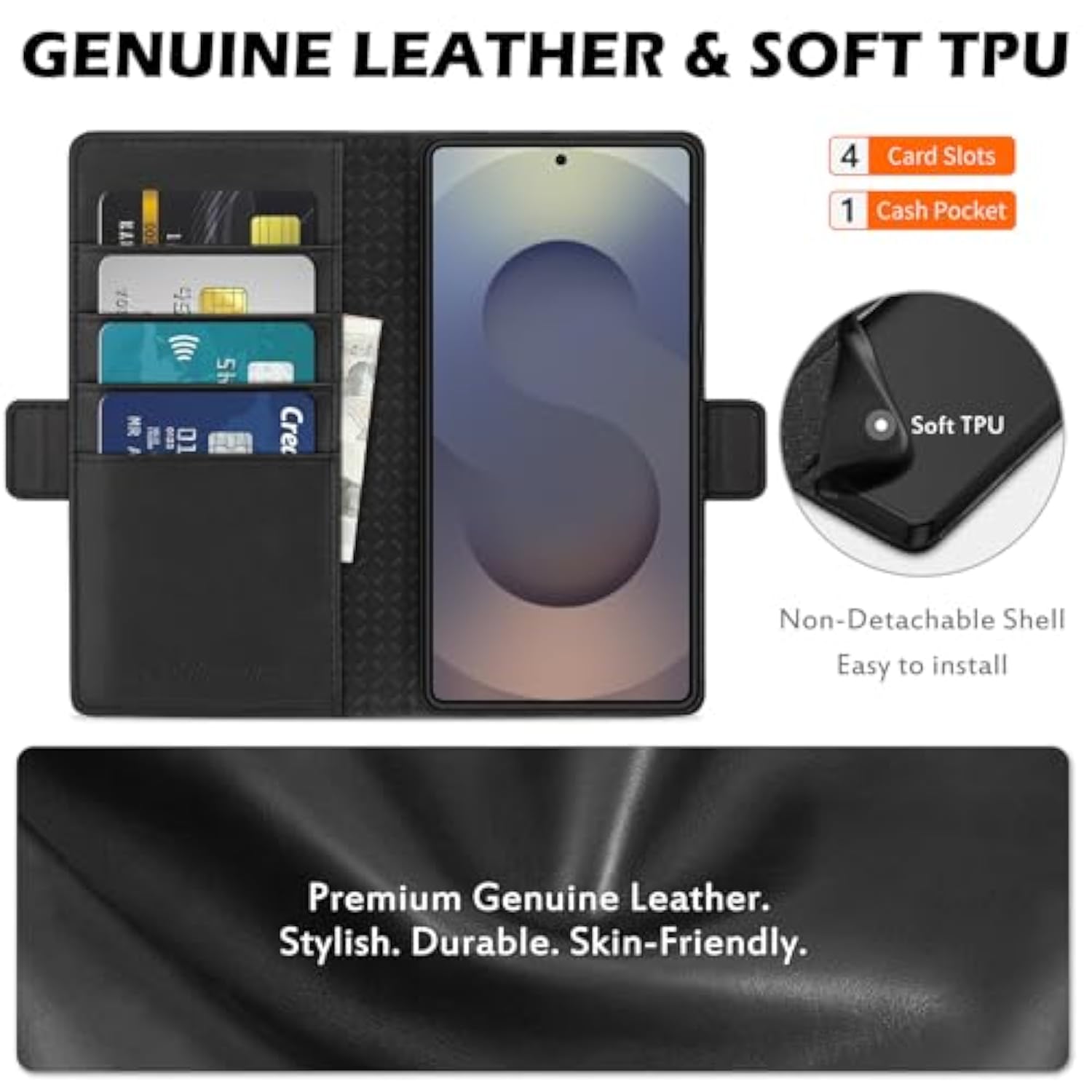 SHIELDON Case for Galaxy S25 Ultra 6.9", Genuine Leather Folio Wallet Case with Kickstand RFID Blocking Card Holder Magnetic Protective Phone Cover Compatible with Galaxy S25 Ultra 2025 - Nappa Black