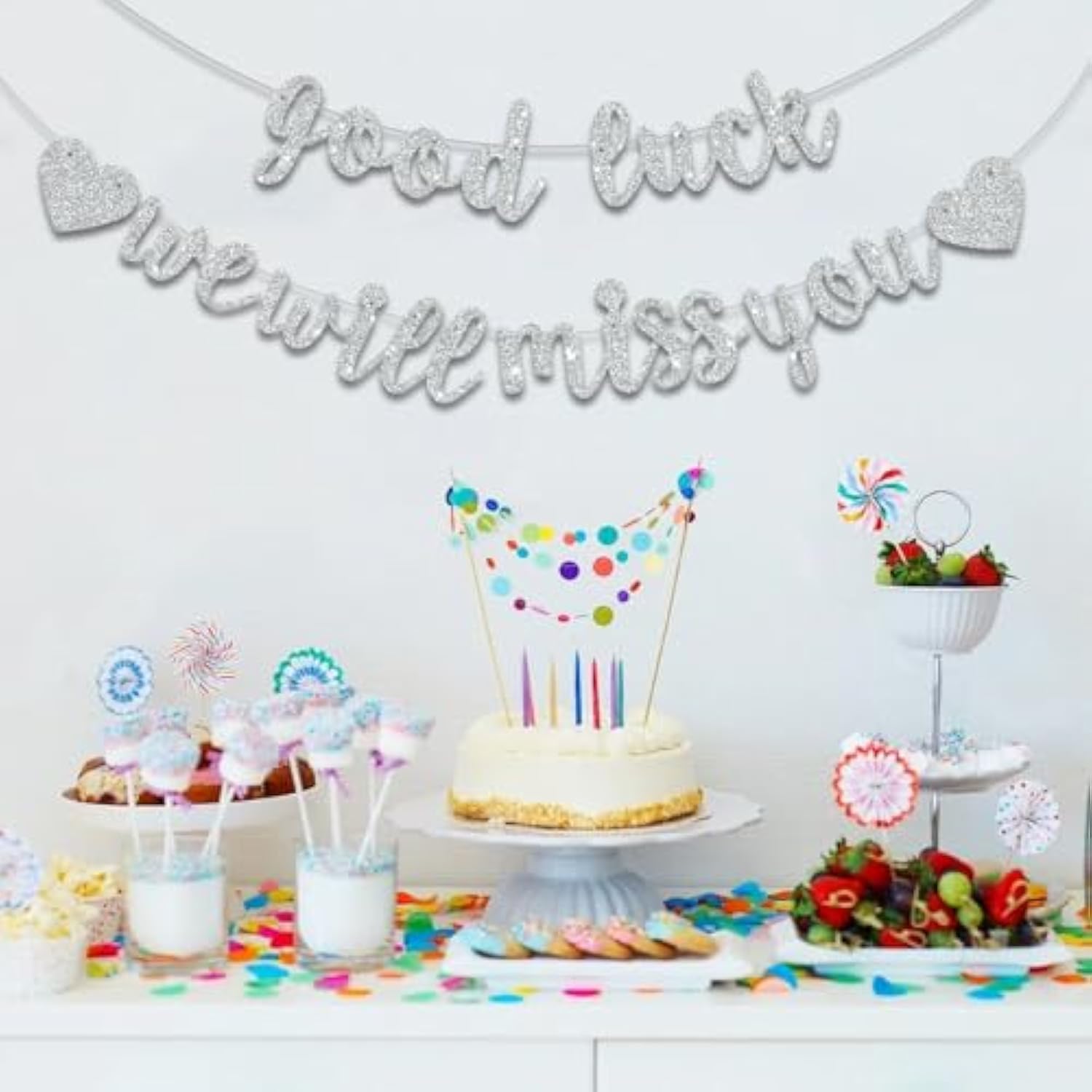 Sliver Good Luck We Will Miss You Banner,Pre-Strung Glitter Retirement Party Sign Garland,Going Away Farewell Party Decorations, Graduation Party Supplies (No Diy?