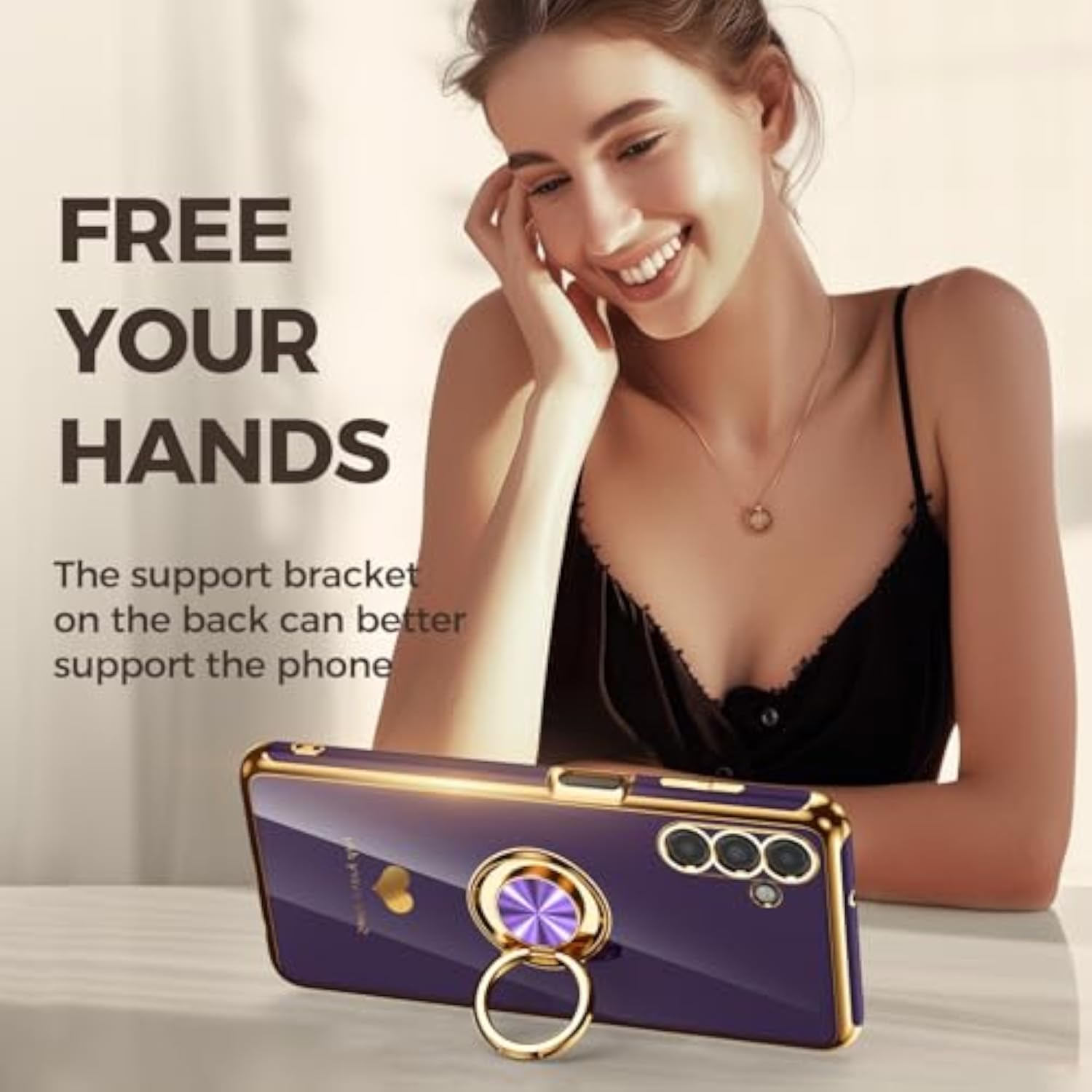 Luxury Gold Edge Plating Soft Phone Case for Samsung Galaxy A13 5G/A04S, 2 Pack Screen Protector, 360° Rotatable Ring Holder with Hearts Pattern