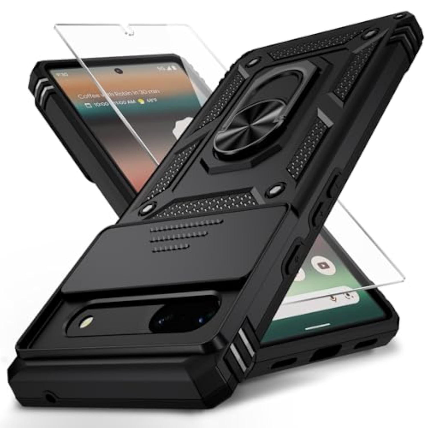 Google Pixel 7 Case with Camera Lens Cover, HD Screen Protector, 10 FT Military Grade Drop Protection, Magnetic Ring Holder Kickstand Protective Phone Case for Google Pixel 7, Black